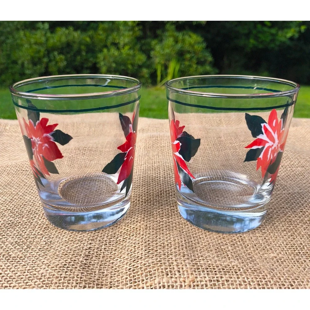 Vintage Anchor Hocking Christmas Poinsettia Rocks Glasses Set 2 Holiday Lowball